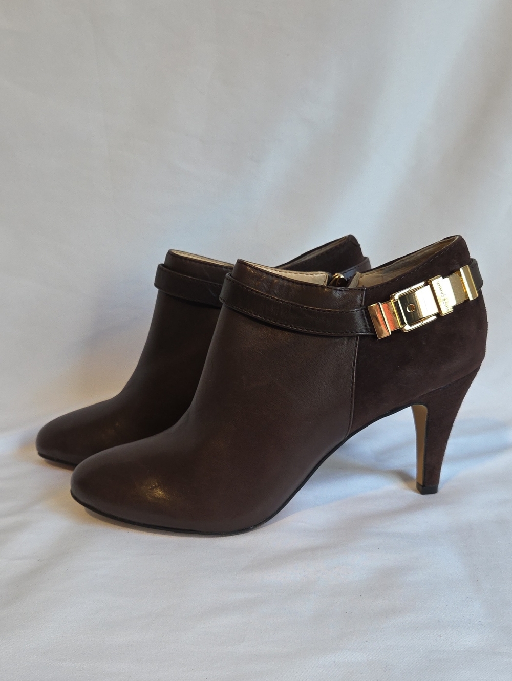 Vince Camuto Dark Brown Leather & Suede Ankle Booties with Gold Buckle